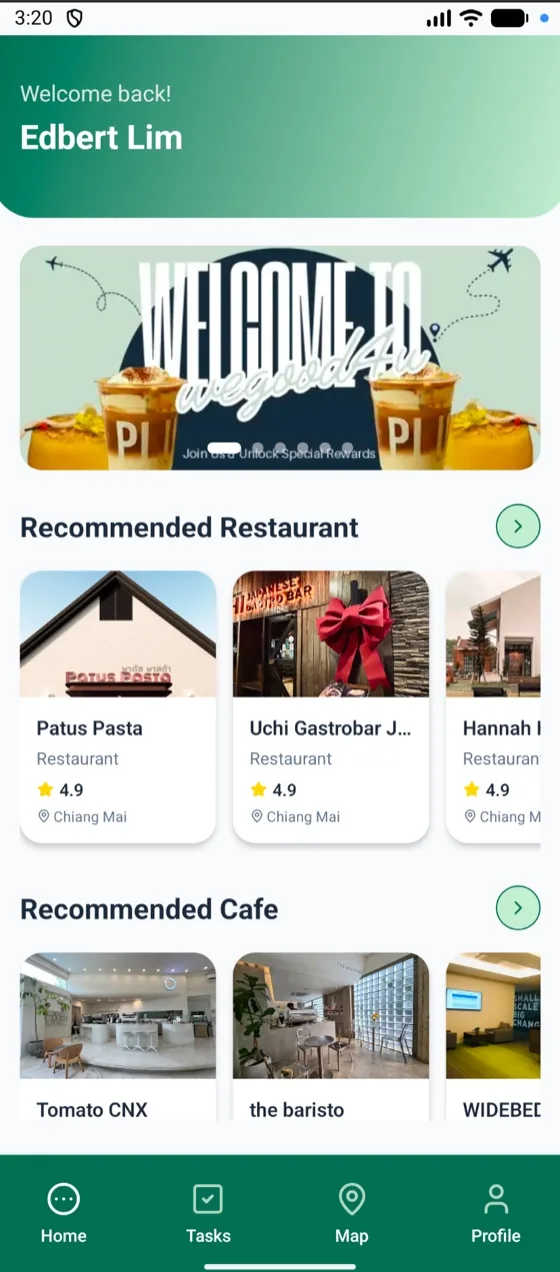 The Wegood4u app home screen, showing recommended restaurants and cafés in Chiang Mai