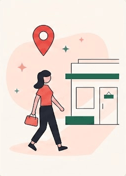 A member walking up to a partner venue, a map pin overhead